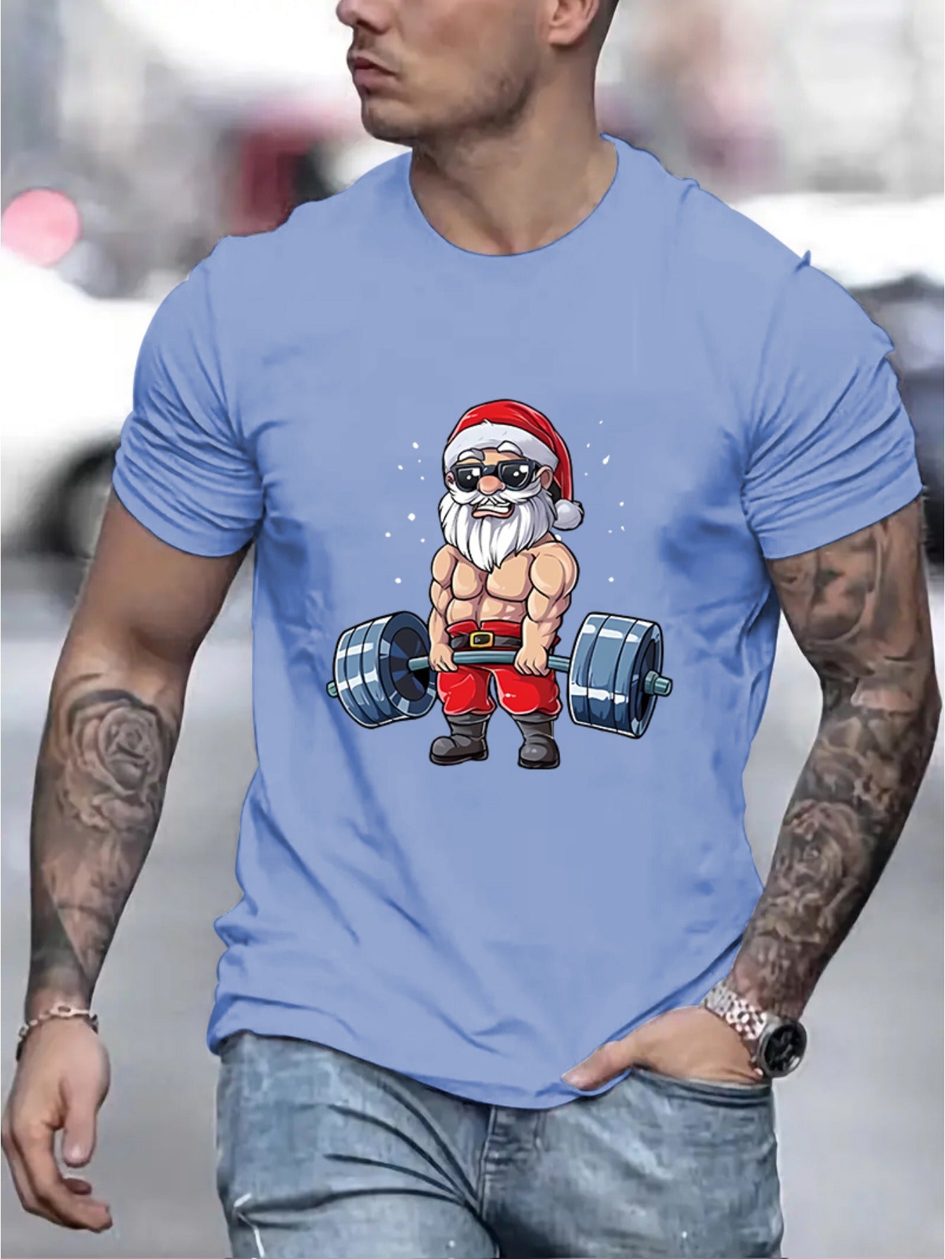 Men's Santa Claus And Barbell Print - T-Shirt