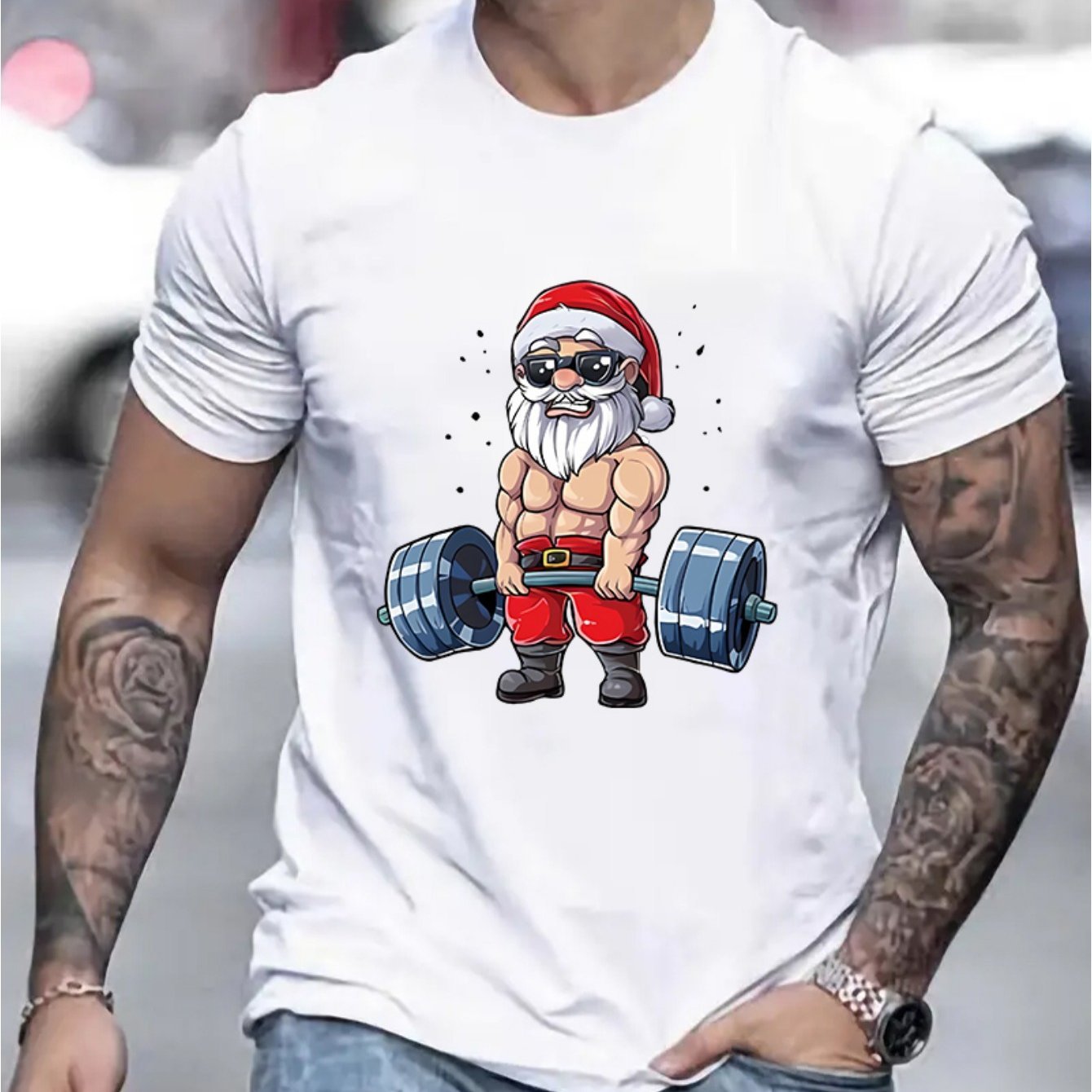 Men's Santa Claus And Barbell Print - T-Shirt