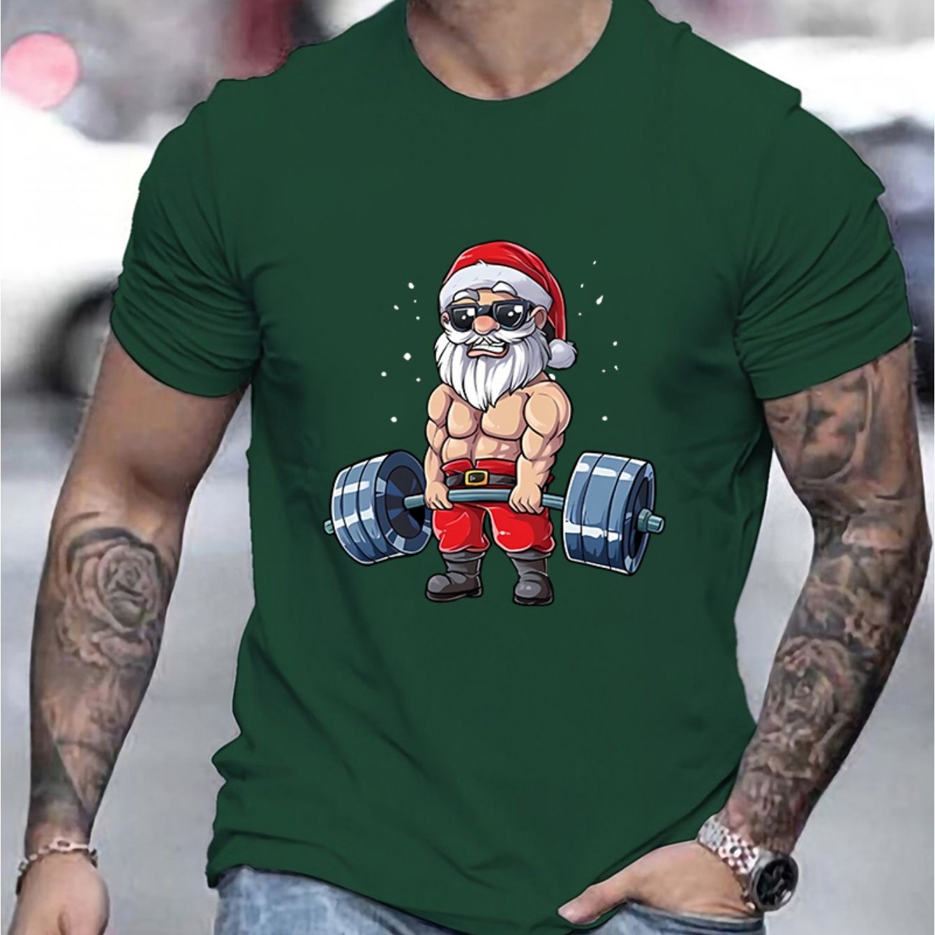 Men's Santa Claus And Barbell Print - T-Shirt