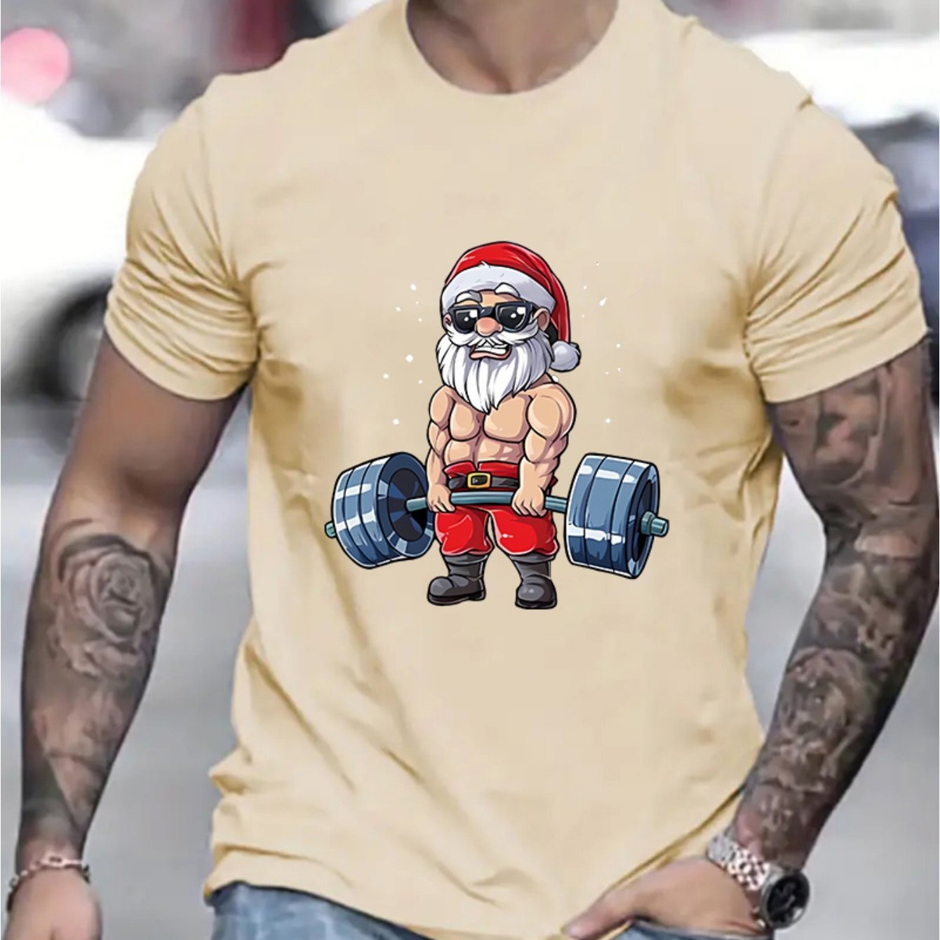 Men's Santa Claus And Barbell Print - T-Shirt