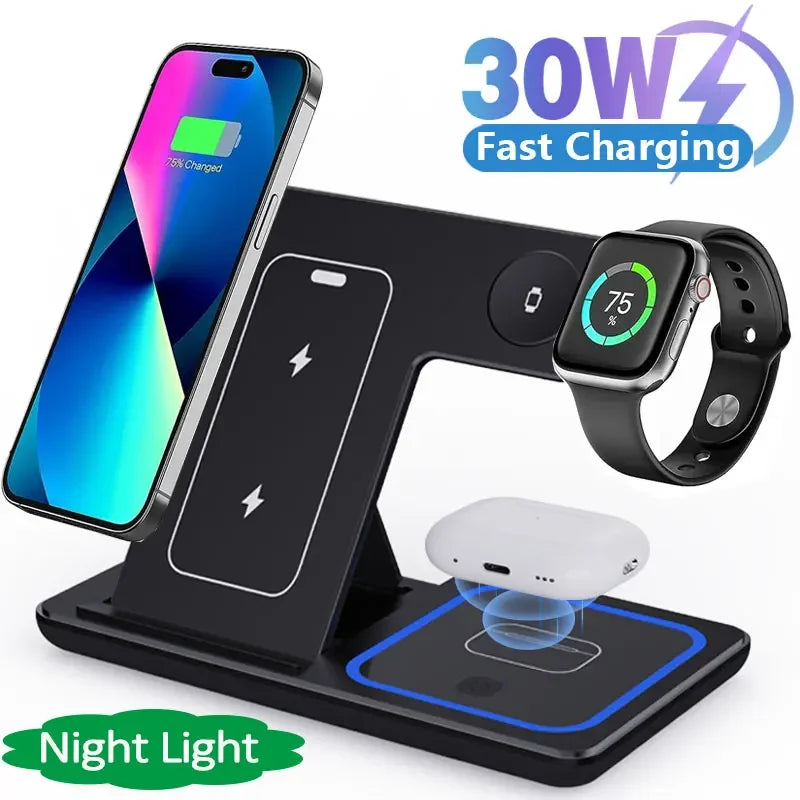 30W 3 in 1 LED Fast Wireless Charger Stand - iPhone / Apple Watch / Airpods Pro