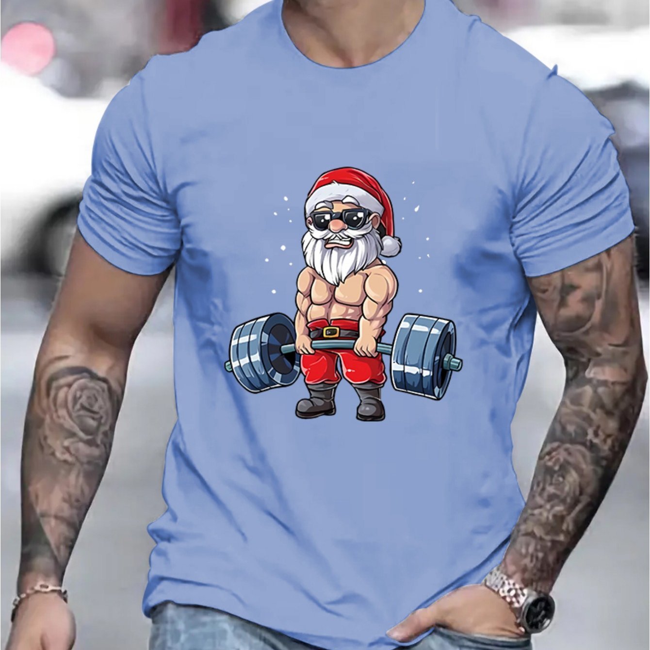 Men's Santa Claus And Barbell Print - T-Shirt