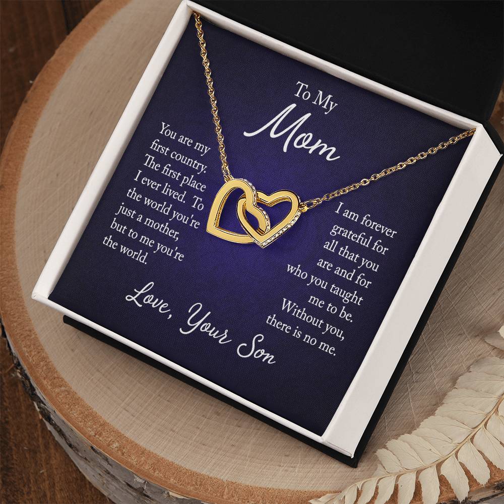 To My Mom, Love Son - "Forever Grateful" - Interlocking Hearts Necklace