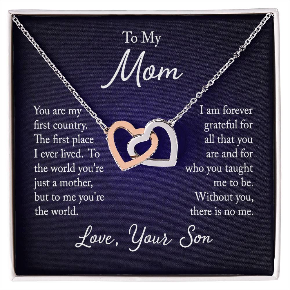 To My Mom, Love Son - "Forever Grateful" - Interlocking Hearts Necklace