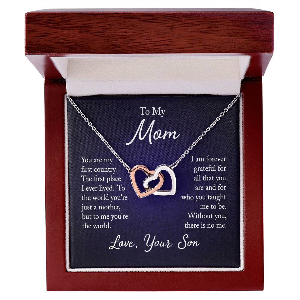 To My Mom, Love Son - "Forever Grateful" - Interlocking Hearts Necklace