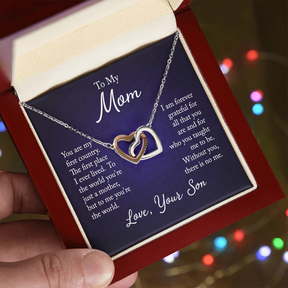 To My Mom, Love Son - "Forever Grateful" - Interlocking Hearts Necklace