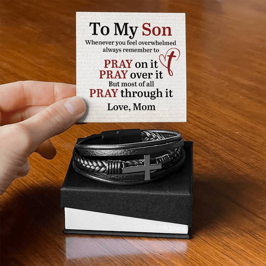 To My Son, Love Mom - Men's Cross Leather Bracelet