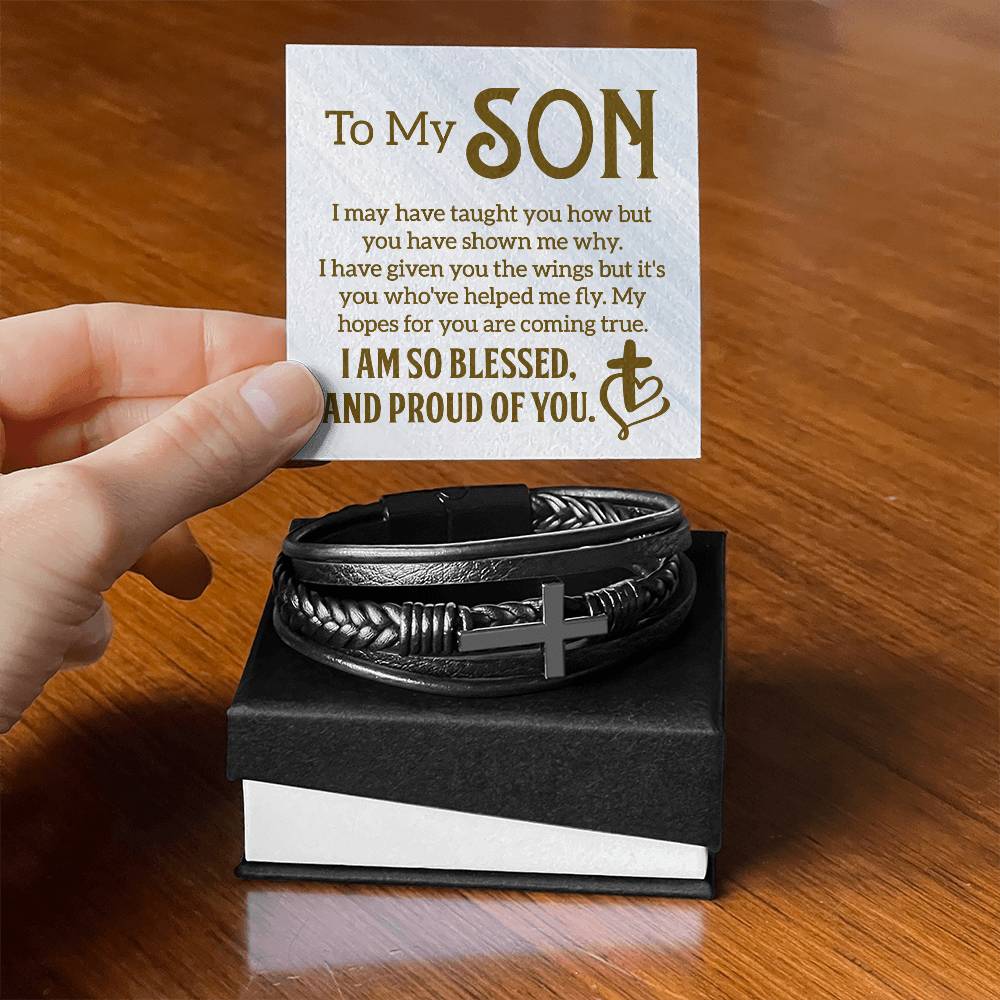 To My Son - "I Am So Blessed" - Men's Cross Leather Bracelet