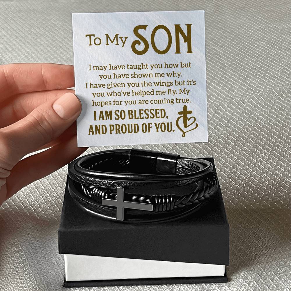 To My Son - "I Am So Blessed" - Men's Cross Leather Bracelet