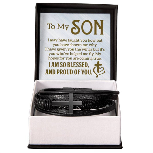 To My Son - "I Am So Blessed" - Men's Cross Leather Bracelet