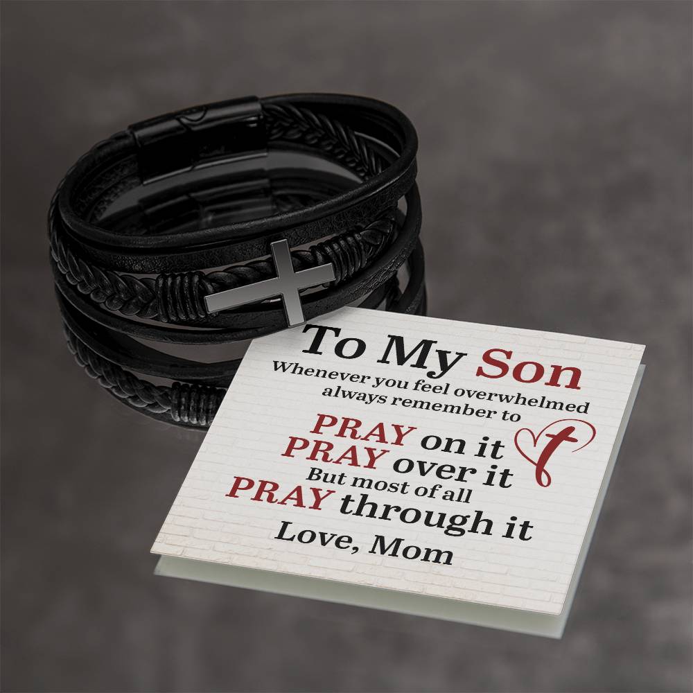 To My Son, Love Mom - Men's Cross Leather Bracelet