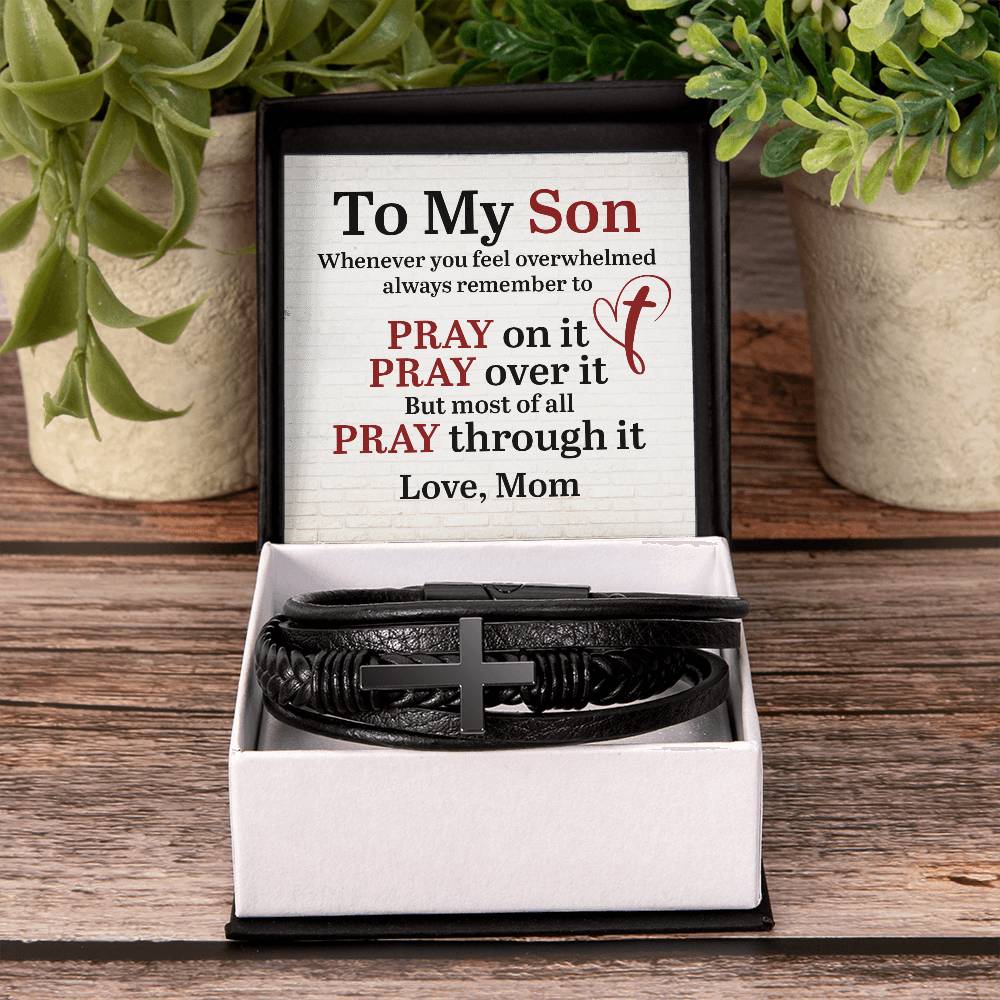 To My Son, Love Mom - Men's Cross Leather Bracelet