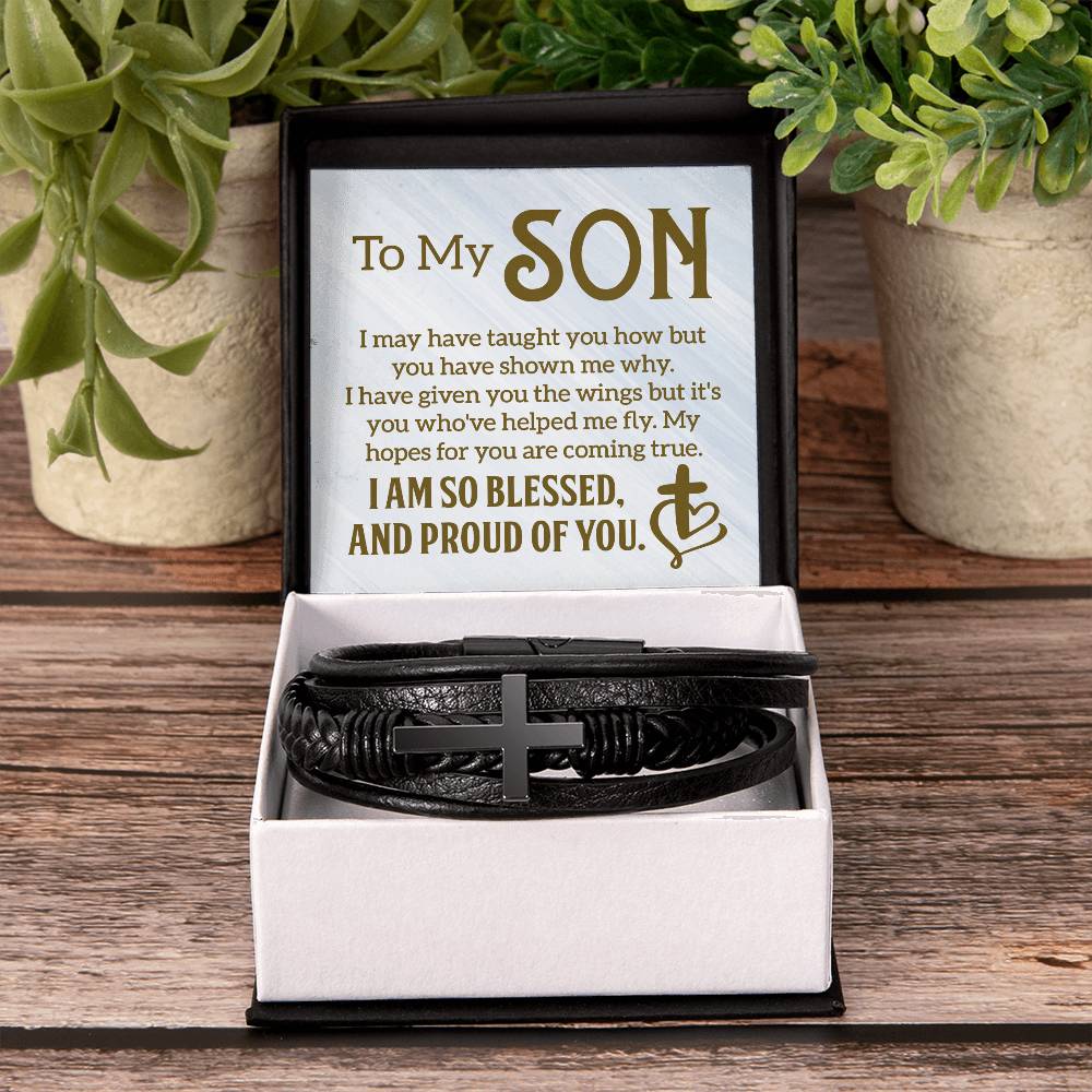 To My Son - "I Am So Blessed" - Men's Cross Leather Bracelet