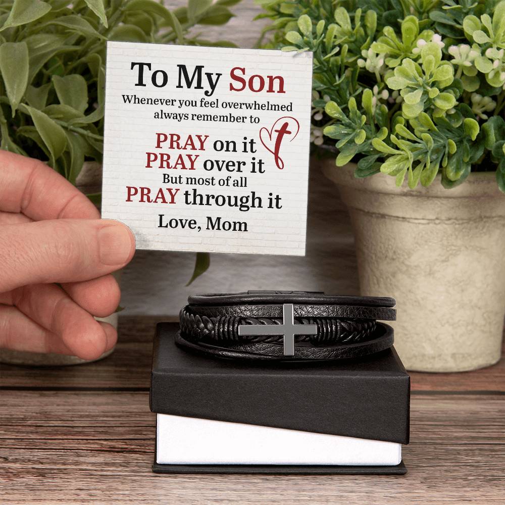 To My Son, Love Mom - Men's Cross Leather Bracelet