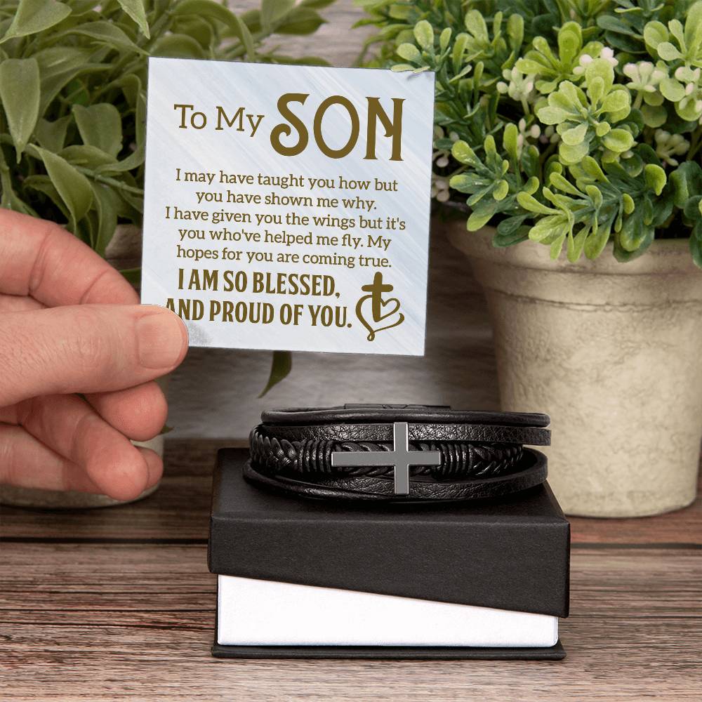 To My Son - "I Am So Blessed" - Men's Cross Leather Bracelet