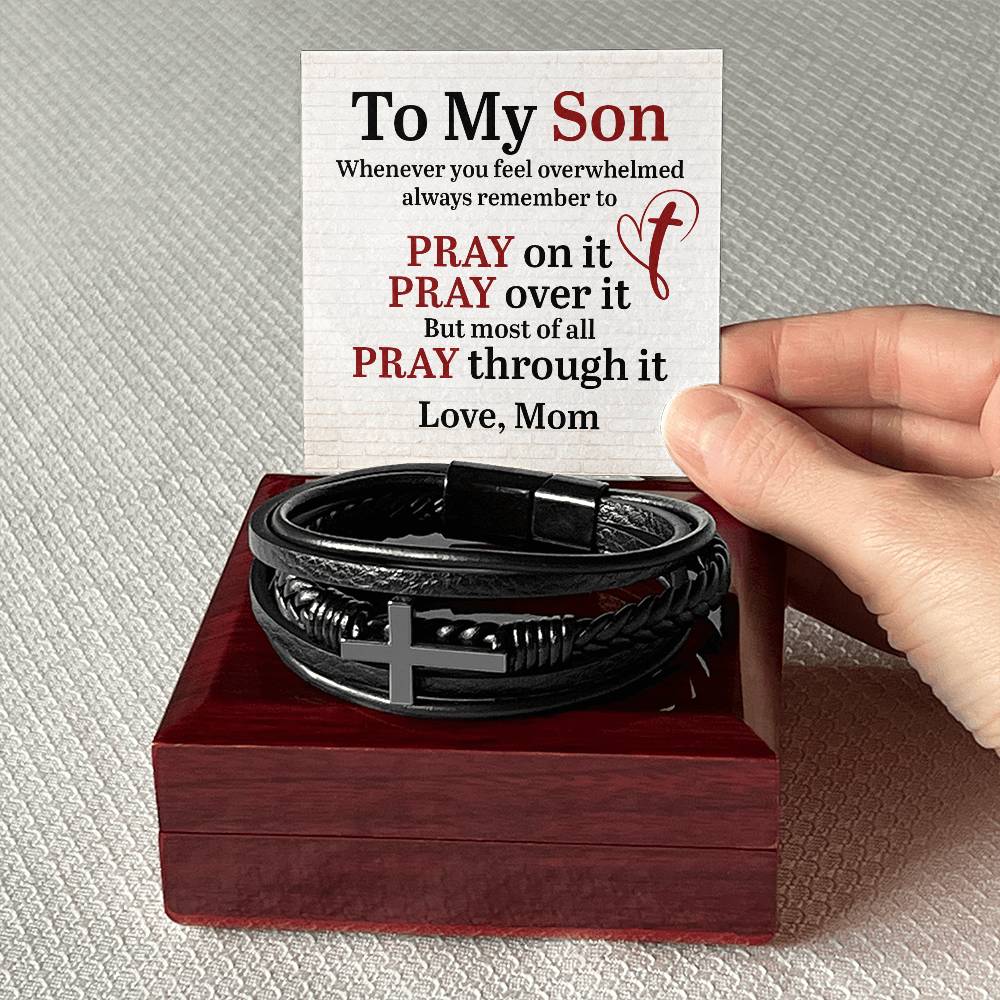 To My Son, Love Mom - Men's Cross Leather Bracelet