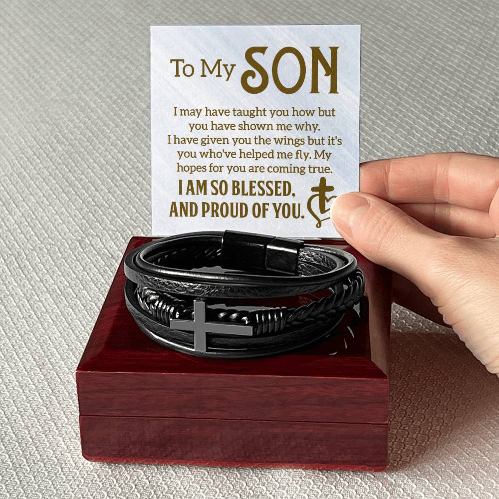 To My Son - "I Am So Blessed" - Men's Cross Leather Bracelet