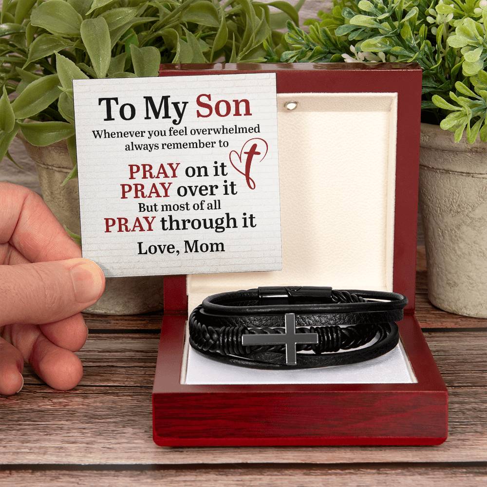 To My Son, Love Mom - Men's Cross Leather Bracelet