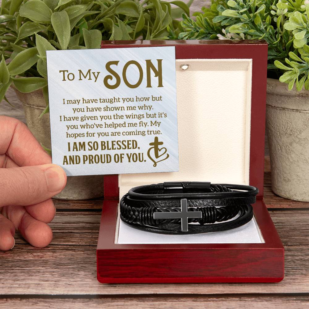 To My Son - "I Am So Blessed" - Men's Cross Leather Bracelet