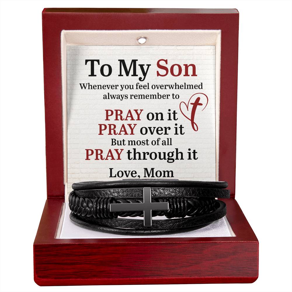 To My Son, Love Mom - Men's Cross Leather Bracelet