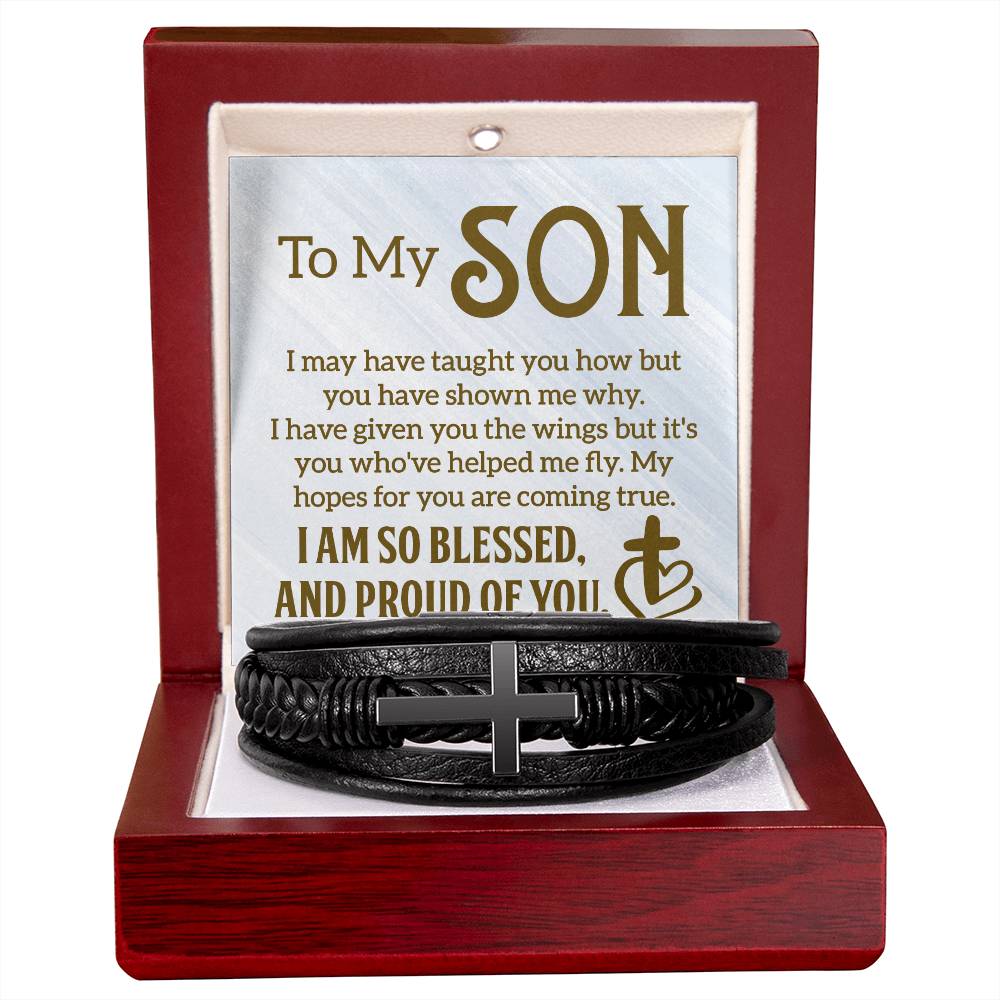 To My Son - "I Am So Blessed" - Men's Cross Leather Bracelet