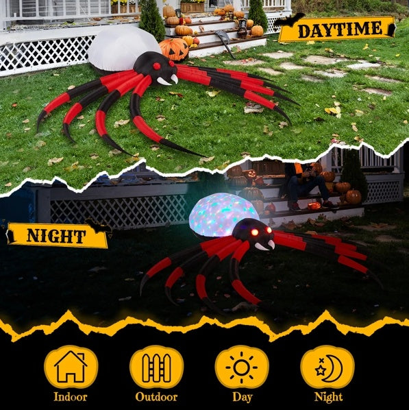 Giant 12ft Halloween Spider Inflatable w/Rotating LED Lights - Spooky Outdoor Decoration