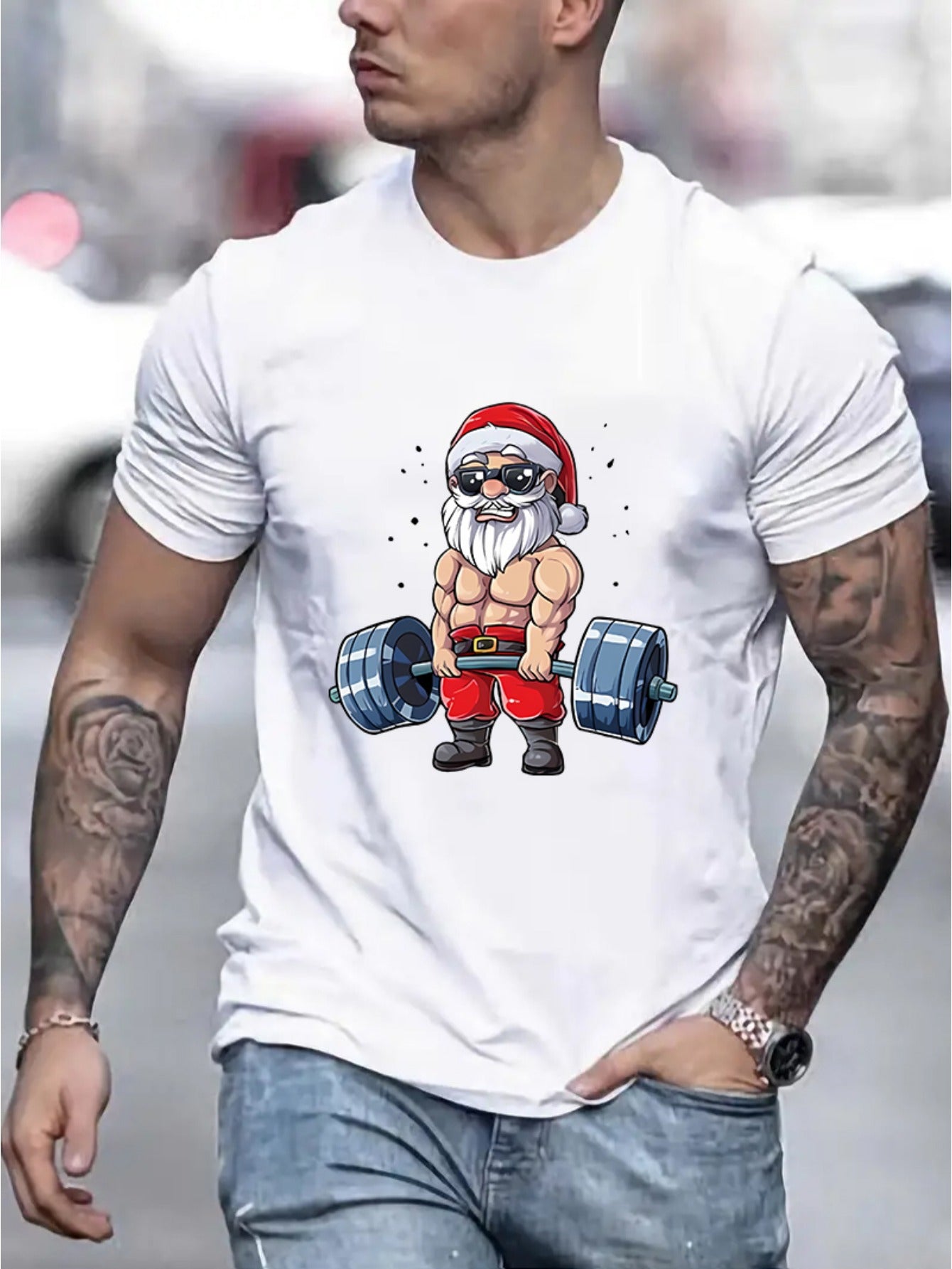 Men's Santa Claus And Barbell Print - T-Shirt