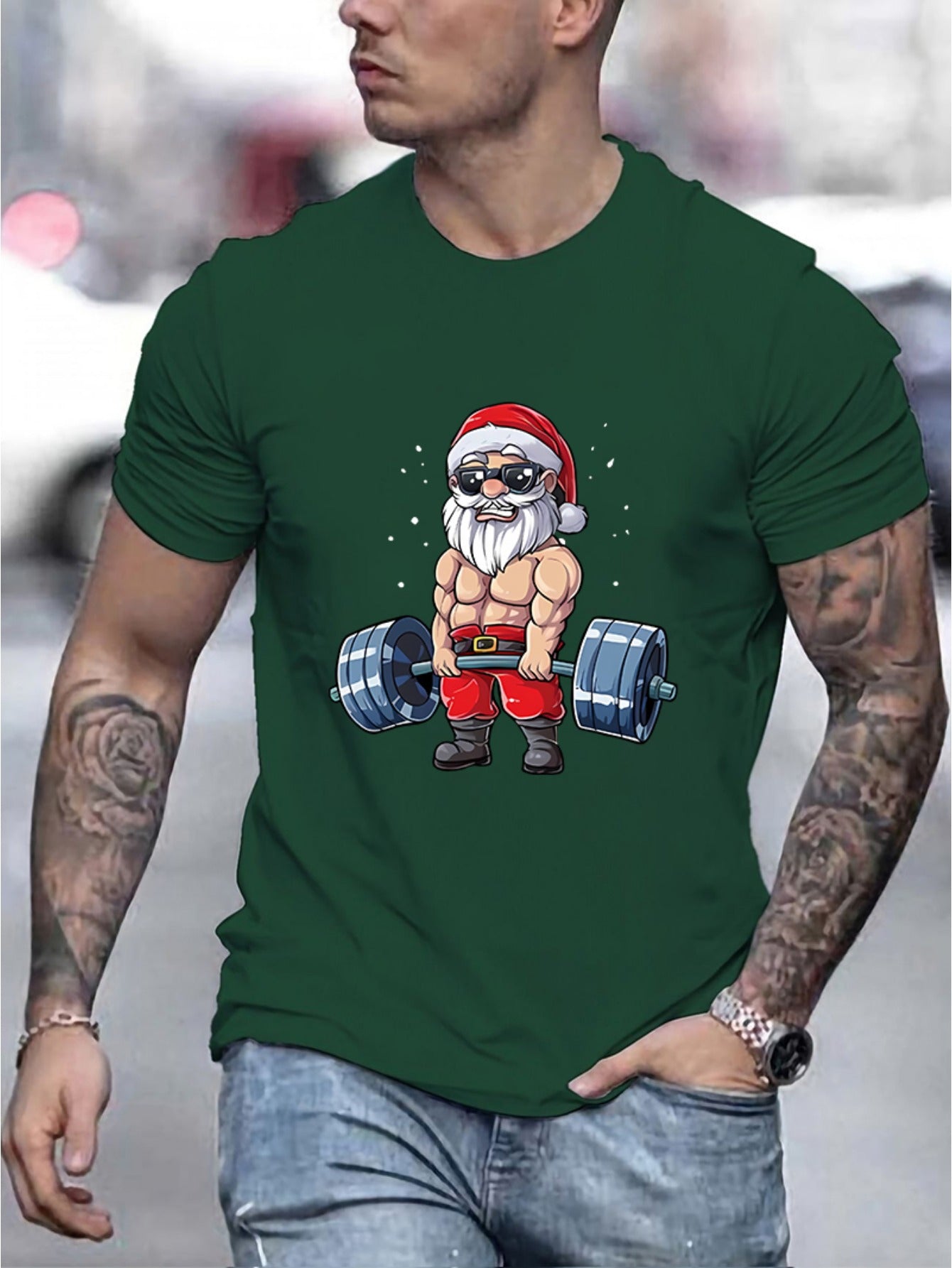 Men's Santa Claus And Barbell Print - T-Shirt