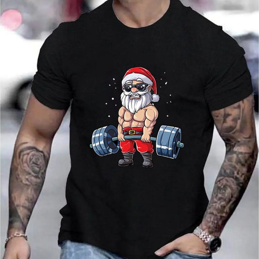 Men's Santa Claus And Barbell Print - T-Shirt