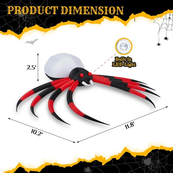Giant 12ft Halloween Spider Inflatable w/Rotating LED Lights - Spooky Outdoor Decoration